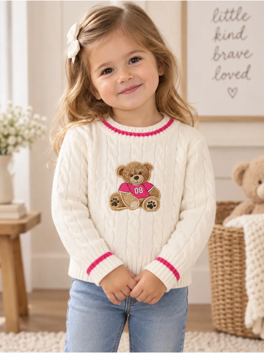 Stella & Tweed Girls Size 6 Teddy Bear Cable Knit Sweater Pink NWT